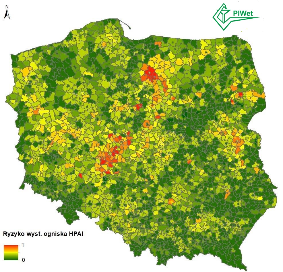 Mapa ryzyka wystąpienia HPAI u drobiu utrzymywanego w gospodarstwach komercyjnych, opracowana przez Państwowy Instytut Weterynaryjny - Państwowy Instytut Badawczy w Puławach 