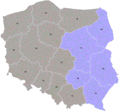 Obszar szczepień lisów wolno żyjących przeciw wściekliźnie został zaznaczony na mapie kolorem niebieskim.