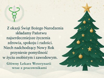Zdjęcie przedstawiające motyw świąteczny choinki z życzeniami od Głównego Inspektoratu Weterynarii