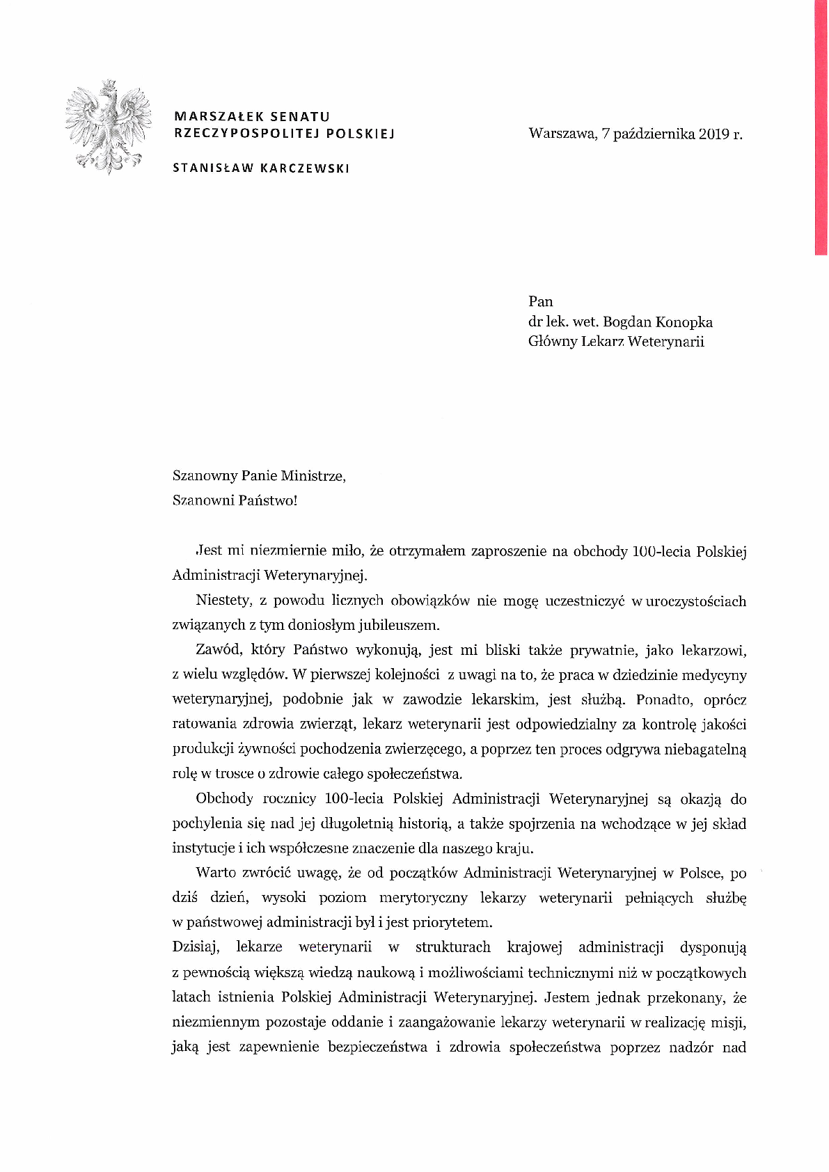 List Marszałka Senatu Stanisława Karczewskiego z okazji obchodów 100-lecia Polskiej Administracji Weterynaryjnej