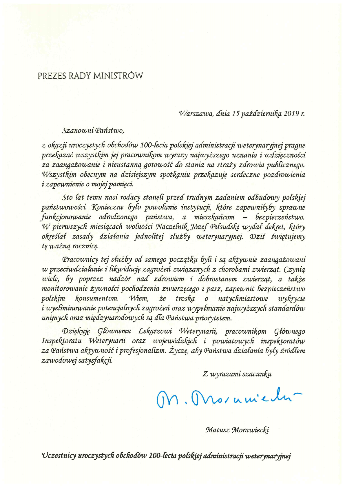 List Prezesa Rady Ministrów Mateusza Morawickiego z okazji 100-lecia Polskiej Administracji Weterynaryjnej