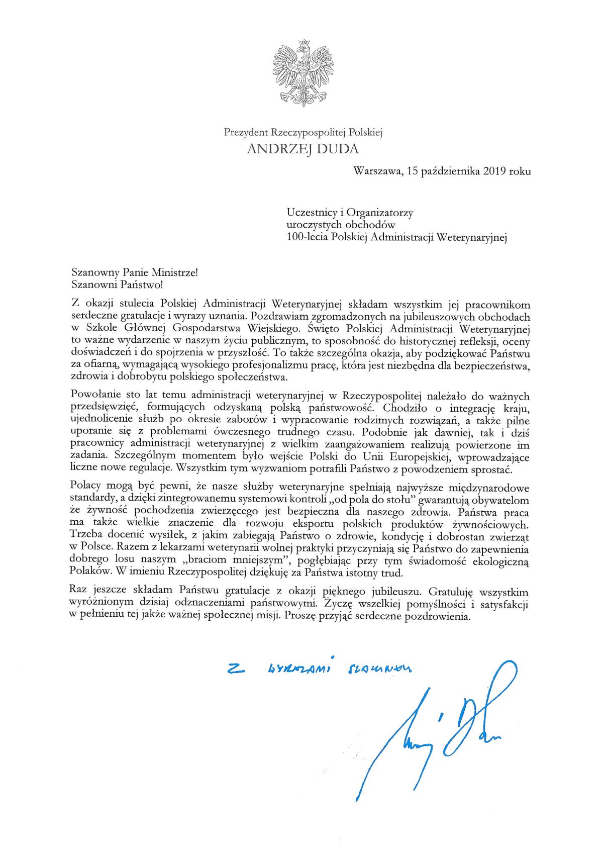 List Prezydenta RP Andrzeja Dudy do uczestników i organizatorów obchodów 100-lecia