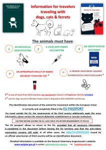 Zdjęcie plakatu z informacjami dotyczącymi podróżowania ze zwierzętami towarzyszącymi w języku angielskim